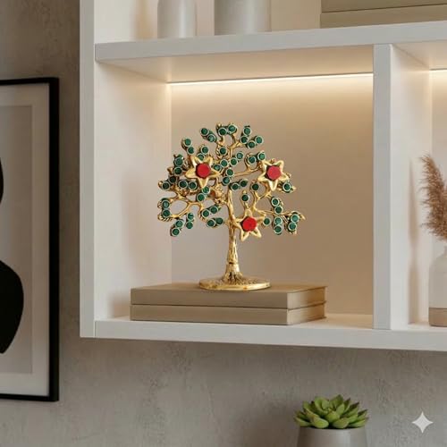 Image of Metal Kalpavriksha Tree for Home Decor - Golden Wish Fulfilling Tree Metal Showpiece for Temple, Vastu, Office Table & Gifting Banyan (No 1 Golden with Stone)