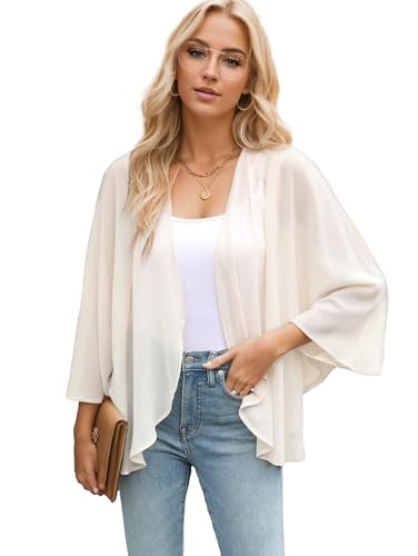 Famulily Kimono en mousseline de soie pour femme UK, kimono ample avec ouverture sur le devant pour dames, décontracté pour l’été, beige, L