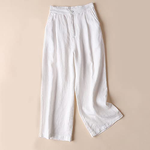 YOLAI Cotton Linen Solid Color Pant for Women High Waisted Loose Casual Trousers Comfort Lightweight Pants with Pockets (White, L)2