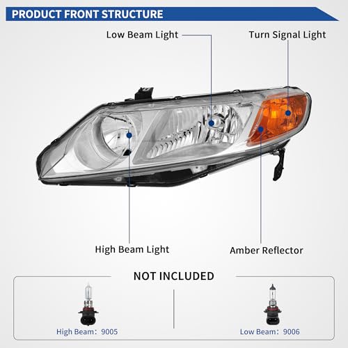 Image of oEdRo Headlights Assembly Compatible with 2006-2011 Civic Sedan(4-door) Headlamp Replacement Pair Chrome Housing Amber Reflector Clear Lens