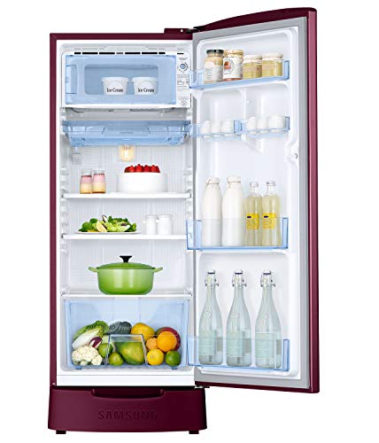 Image of Samsung 192 L 2 Star Direct Cool Single Door Refrigerator Appliance (RR20A281BR8 /NL, SAFFRON RED, Base stand drawer)