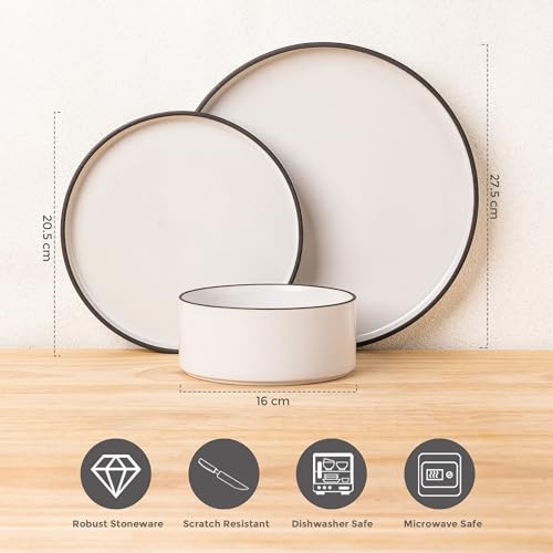 LeRatio Dinner Set for 4, 12 Piece Stoneware Plates and Bowls Set, Chip and Scratch Resistant Dinnerware Set, Oven & Dishwasher & Microwave Safe Crockery Set (White-Black Rim, Service for 4) - Image 2