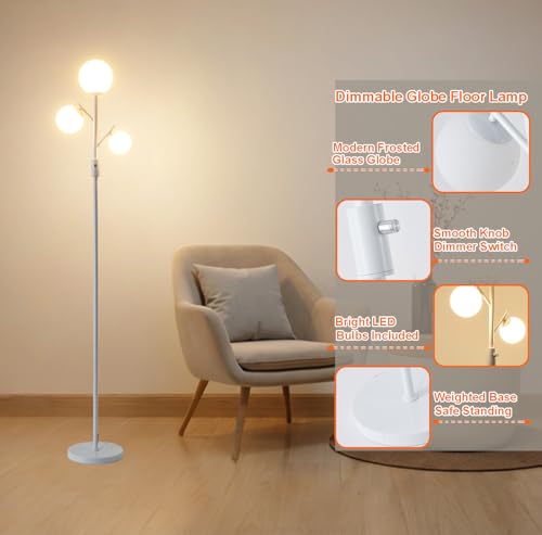 Image of Fiqevs Mid Century Modern 3 Globe Tree Floor Lamp - Dimmable LED Standing Lamp with Bulbs, Warm Light for Living Room Bedroom Office - White