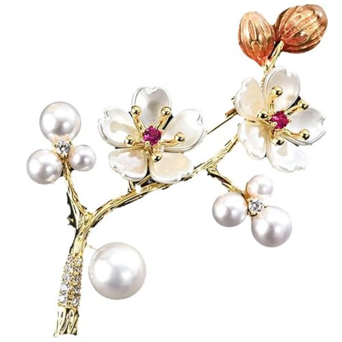Image of Delicate Cherry Brooch for Women Girls Fashion Pearl Shell Plum Blossom Lapel Pin Rhinestone for Party Prom Elegant Accessories Decorative Floral Dress Suit Wedding Valentine Mother's Day Birthday