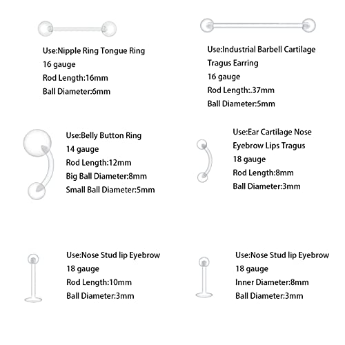 48pcs Clear Piercing Retainers Bioflex Nose Tongue Belly nipple rings Plastic Earings Eyebrow Cartilage Tragus Lip Septum Hoop Nose Stud Industrial Bar Piercing Jewelry For Surgery.3