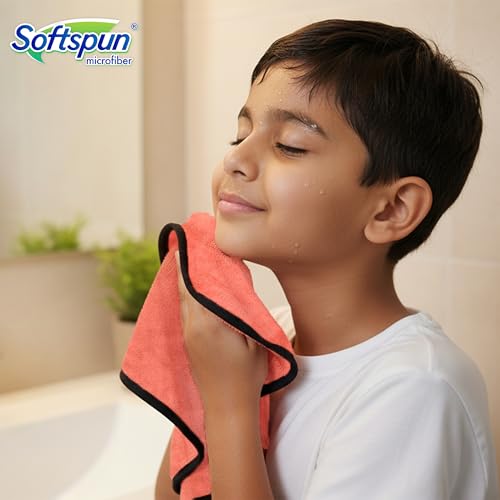 Image of SOFTSPUN Microfiber Baby Hand & Face Wipes 280 GSM 20x30 Cms 4 Piece Towel Set Peach Colour! Super Soft & Comfortable for Newborn Baby and Kids Quick Drying Ultra Absorbent in Small Size.