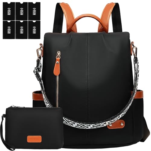 ONETOALL Bolso Mochila Mujer Casual, Mochila Antirrobo Mujer Impermeable, Mochilas Mujer Pequeña Nylon Negra con Bolsillos RFID, Convertible en Bolso de Hombro y Mano para Viajes Uso Diario