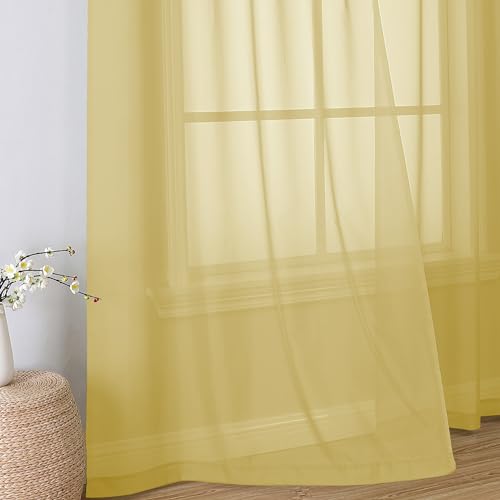 Image of Simplebrand Yellow Sheer Curtains 96 Inches Long, Light Filtering Rod Pocket Solid Color Window Sheer Curtain Panels, Elegant Curtains & Drapes for Living Room, Bedroom 2 Panels, 42 inch W x 96 inch L