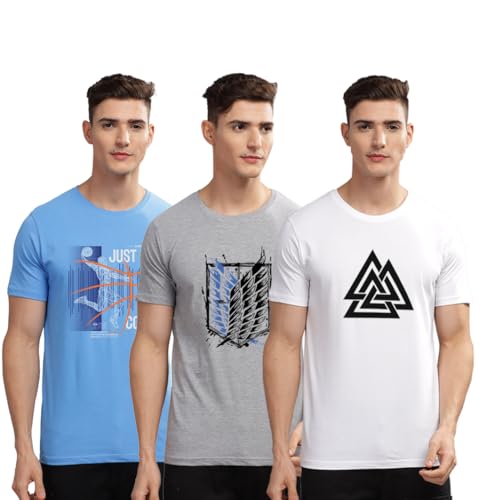 Image of ADRO 100% Cotton Lycra Tshirts for Men Combo Pack of 3 | Regular Fit | Printed T Shirt | Round Neck Half Sleeve| Mens Tshirts