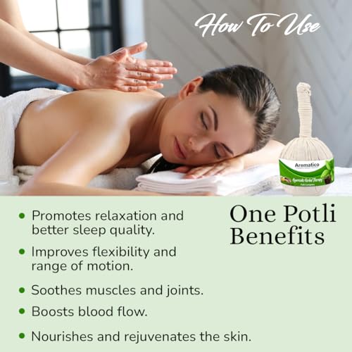 Image of AROMATICO Ayurvedic Herbal Potli with 17 ancient herbs. Helps with Pain Relief, Post-Workout Recovery & Muscle Relaxation. For Men & Women. 200gm Pack of 2