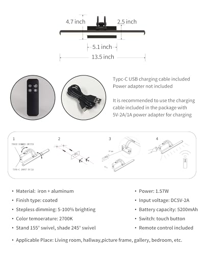 Image of KDG LED Wireless Wall Picture Lights Set of 2 with Remote, 5200mAh Rechargeable Dimmable Art Lighting, Adjustable Swing Arm, Picture Frame Light for Gallery, Living Room, Hallway, 13.4 inch, Black