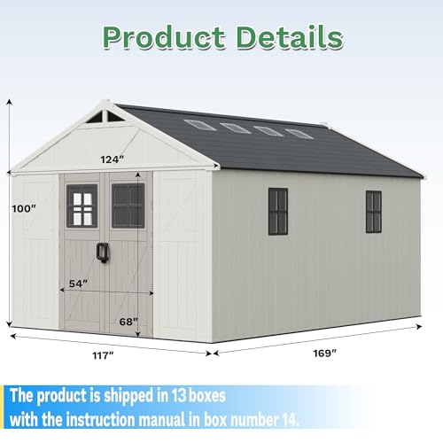 Image of Greesum 10x14FT Resin Outdoor Storage Shed with Floor, Plastic Sheds, Beige