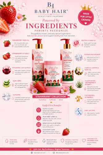 Image of BABY HAIR Kids Strawberry Hair Care Set - Shampoo & Body Wash, Conditioner & Hair Mask, Tear-Free, Sulfate-Free, pH-Balanced with Strawberry Oil, Camellia Oil & Biotin for Kids, 3-Piece Set