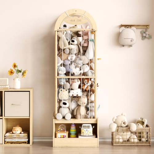 Image of Arched Stuffed Animal Storage Organizer, Wooden Stuffed Animal Zoo Holds 50+ Plush Toys, FSC Pine Wood Plush Toy Holder with Thick Elastic Cords, Open Bottom Cubby for Kids Room Nursery Playroom