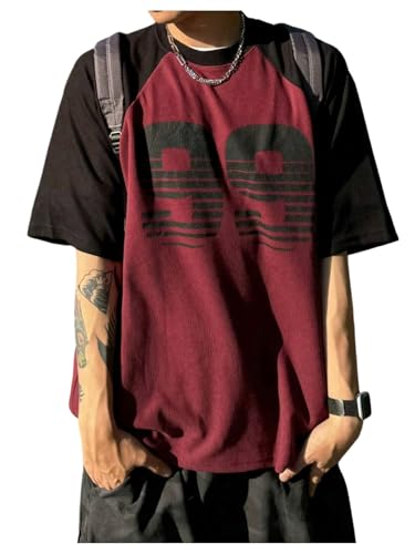 Men's Number Graphic Baggy Shirts Color Block Short Sleeve Crewneck Vintage Tees Tops