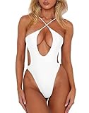 HYPERFIRE Women's Sexy Criss Cross Halter Bathing Suit Cut Out Backless Monokini Swimsuits One Piece White X-Small