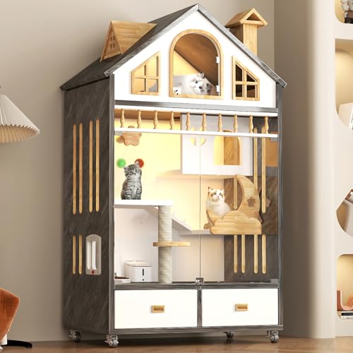 Wooden Cat House Indoor Cats Villa on Wheels, Large Space Cat Cage with Scratching Post, Multi-Feature Enclosed Cat Condo with Cat Litter Box Drawer, 63" X 35" X 24"