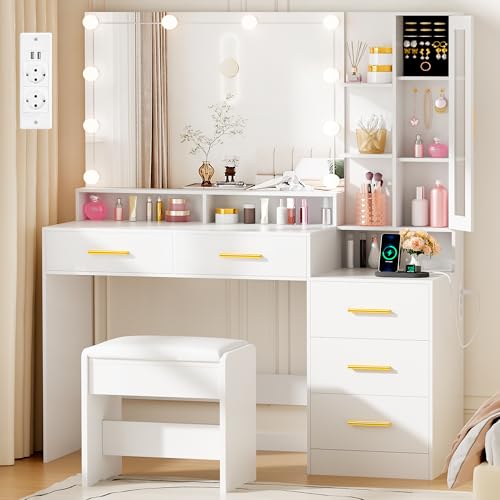ANWBROAD Grande Toeletta da Trucco con Luci a LED e Prese Regolabili in 3 Colori Toletta Moderna Bianca con Specchio e Sgabello 5 Cassetti con Porta in Vetro Camera da Letto 140x115x40cm BDT68W