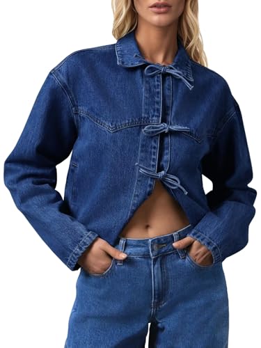 Tankaneo Womens Bow Tie Front Denim Jackets Cropped Oversized Casual Jean Shackets Y2k Lightweight Cute Coats