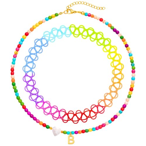 BodyJ4You 2PC Choker Initial Necklace for Kids - Letter B Pendant Heart Charm Goldtone Y2K Boho Beaded Collar - Personalized Gift Teen Girl Jewelry Children Jewelry - Beach Vacation Summer Accessories