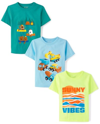 The Children's Place,Baby Boys,and Toddler Assorted Everyday Short Sleeve Graphic T-Shirts,Multipacks,Sunny Vibes/Camp/Trucks 3-Pack,18 Months,24 Months