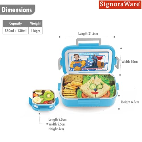 Image of SignoraWare Buster Stainless Steel Lunch Box | Airtight & Leakproof | Durable & Odorless | Ideal for Office, School & Travel Use | Easy to Clean & Carry (850ml + 130ml | Blue)