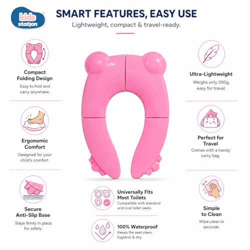 Image of Kids Station Baby Portable & Foldable Baby Unisex Potty Training Toilet Seat with Non-Slip Base, Splash Guard, and Storage Hook-Ideal for 0-6 Year Child, Travel-Friendly (Pink, Foldable Potty Seat)