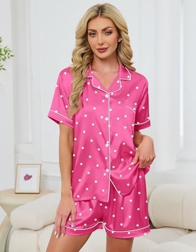 Image of Schbbbta Women Pajamas Set, 2 Pieces Satin Silk Button Down Pjs Short Sleeve Outfits Loungewear