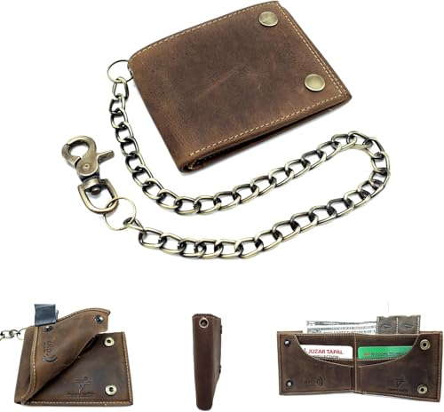 Chain Wallet for Men with Two Snaps RFID Blocking Crazy Horse Leather Bifold Wallet for Biker 18' inch Long Chain (With Chain, Rustic Brown)3