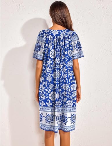 Image of Ekouaer Womens House Dress Floral Print Nightgown with Pockets Mumu Dress | V Neck Nightgowns for Women Pleated Short Sleeves Mumu Dresses Knee Length Moo Moo for Sleep, Daily Wear, Vacation, Party