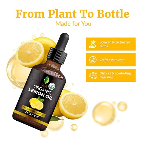 Image of SVA Lemon Essential Oil Organic - 2 Fl Oz - 100% Natural Organic Lemon Oil - for Diffuser, Hair, Face, Skin Care, Aromatherapy, Scalp and Body Massage, Soap and Candle Making - with Dropper