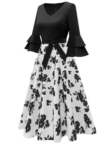 Image of DRESSTELLS Women's Cocktail Dress Summer Wedding Guest Party Vintage 3 /4 Bell Sleeve V Neck A-Line Dress