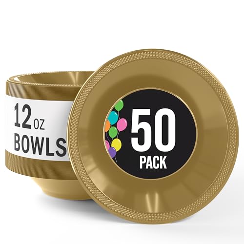 Party Solids 12 Oz Gold Plastic Bowls Disposable Bowls for Hot Food Soup 50 Pcs - For Soup Salad Cereal Desserts & Party Supplies