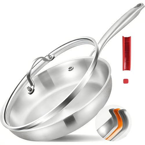 Inqibee 12 Inch Tri-Ply Stainless Steel Frying Pan with Lid, Skillet, Induction Cooking Pan...