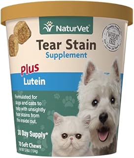 NaturVet – Tear Stain Plus Lutein – Eliminates Unsightly Tear Stains – Enhanced with Cranberry Extract, Marshmallow Root & Oregon Grape Root – for Dogs & Cats – 70 Soft Chews