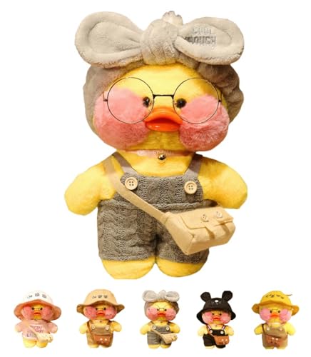 TAKEYアヒル ぬいぐるみ カワイイ 人形 ソフト おもちゃ 誕生日プレゼント ファンアヒルぬいぐるみ 人形 韓国 小さい かわいい 黄色 アヒル人形 子供 女の子 (30cm,グレーストラッピーパンツ グレーヘアバンド ホワイトバッグモデル)