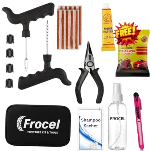 Image of Premium 8in1 Universal Tubeless Tire Puncher Kit Emergency Flat Tire Repair Patch Puncture Kit for Car, Bike, SUV, & Motorcycle with Storage Bag, Polish,Glue, Plier (11 in 1 Puncher Kit)