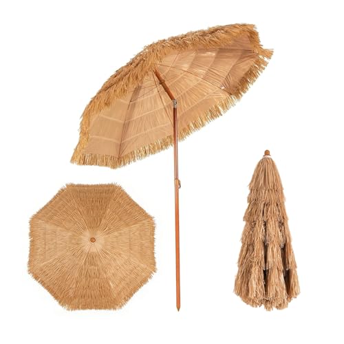 GOPLUS Sonnenschirm Hawaii Ø 175 cm Sonnenschirm Stroh um 30 knickbar Strandschirm mit PP-Stroh & 8 Rippen Strohschirm klappbar Terrassenschirm zum Sonnenschutz für Strand Balkon & Garten