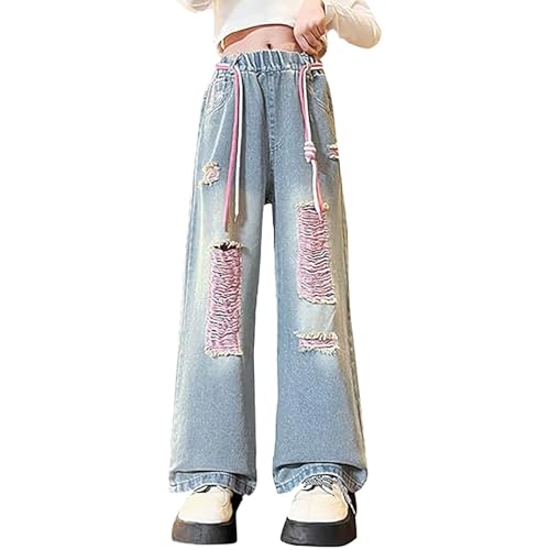 Teen Girls Straight Ripped Jeans Baggy Wide Leg High Waist Distressed Denim Pants Washed Summer Casual Trousers Pockets Jeans2