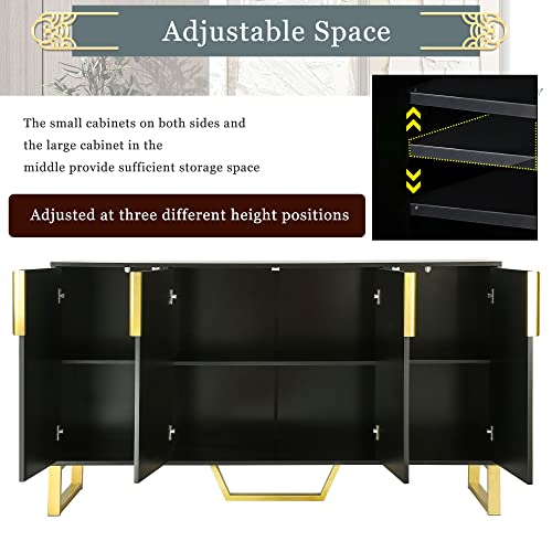P Purlove Modern Sideboard, Simple And Luxury Style Sideboard With Gold Metal Legs And Handles, Particle Board And Mdf Board Cabinet With 4 Doors And Adjustable Shelves (Black) #TOP3