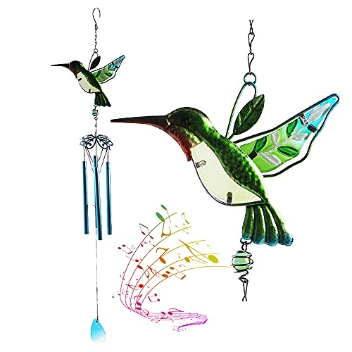 NC Glass Hummingbird Wind Chimes, Outdoor Windchimes Indoor Stained Glass Wind Chime Metal Hummingbird Suncatcher for Window, Home, Garden, Yard, Patio, Lawn Decoration (Hummingbird Green Tube)