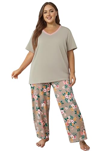 Image of Vozanet Women's Pajama Sets Short Sleeve with Long Pant Soft Sleepwear Printed pj Loungewear With TWO Pockets Size 1X to 5X
