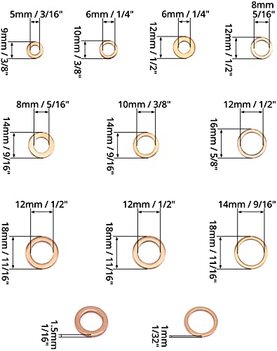 QWORK® Copper Washers Assorted Kit, 200 Pcs Flat Copper Sealing Washers - M5, M6, M8, M10, M12, M14, Bronze - Image 3