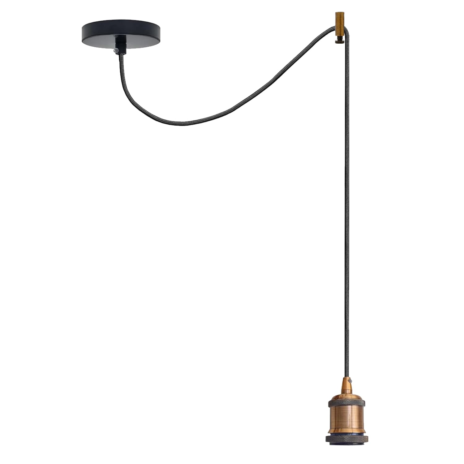 LEDSone Vintage Industrial Pendant Light – Brass E27 Lamp Holder with 195cm Adjustable Black 3-Core Cable for Kitchen, Bar, Loft & Living Room