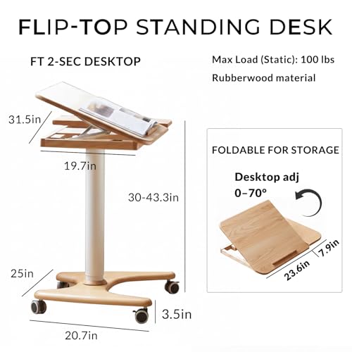 Image of ORNDSDM31.5in Mobile Standing Desk, 30-43.3in Rolling Desk Adjustable Height, Folding & Tilting One-Piece Desktop (0-70), Wheels, Home Offices, Apartments, Bed & Sofa, Walnut Color