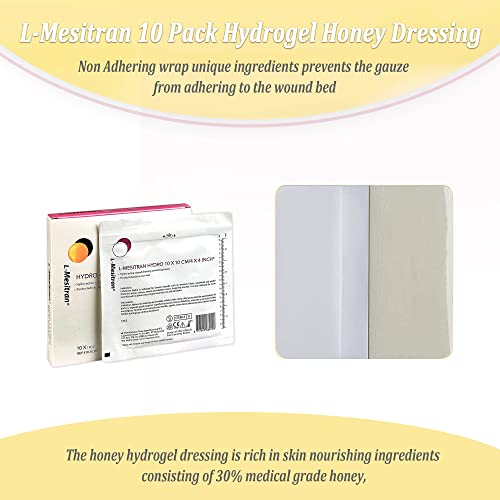 L-Mesitran Hydro Dressing With 30% Medical Grade Honey. Hydrogel Pad For Healing, Soothing & Anti-Inflammatory Properties, Superficial & Post Operative Wounds 4" X 4" 10-Pack #TOP7