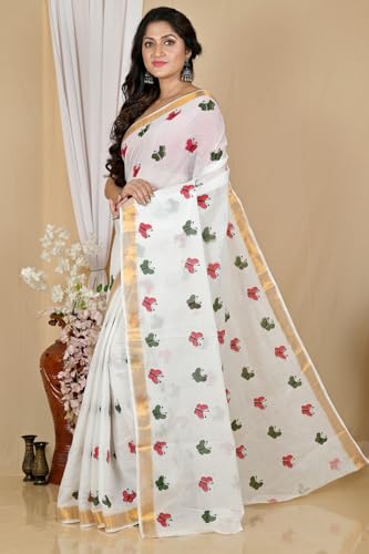 Image of eC ESHA'S COLLECTION Women's Kerala Cotton Floral Motif Printed Zari Bordered Tant Saree Without Blouse Piece