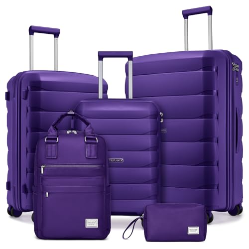 Image of Luggage Sets 5 Pieces, PP Hardshell Suitcase Set with Spinner Wheels, Suitcases for Women (Purple)