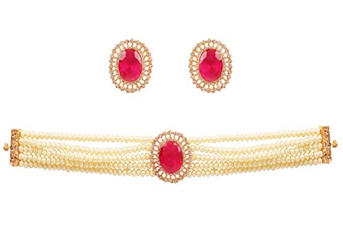 Touchstone Indian Bollywood Fine Studded Diamond Look Rhinestones Faux Pearls Designer Jewelry Choker Necklace in Gold Tone for Women.