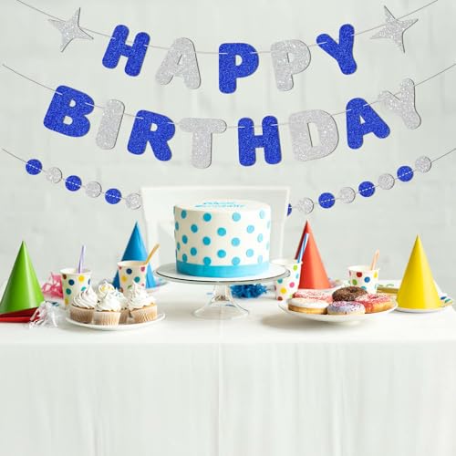 Image of Royal Blue and Silver Happy Birthday Banner-Happy Birthday Decorations for Boys Men,Glitter Garland Sign for 6st 10st 13st 17st Blue Party Decor,Bday Backdrop Supplies
